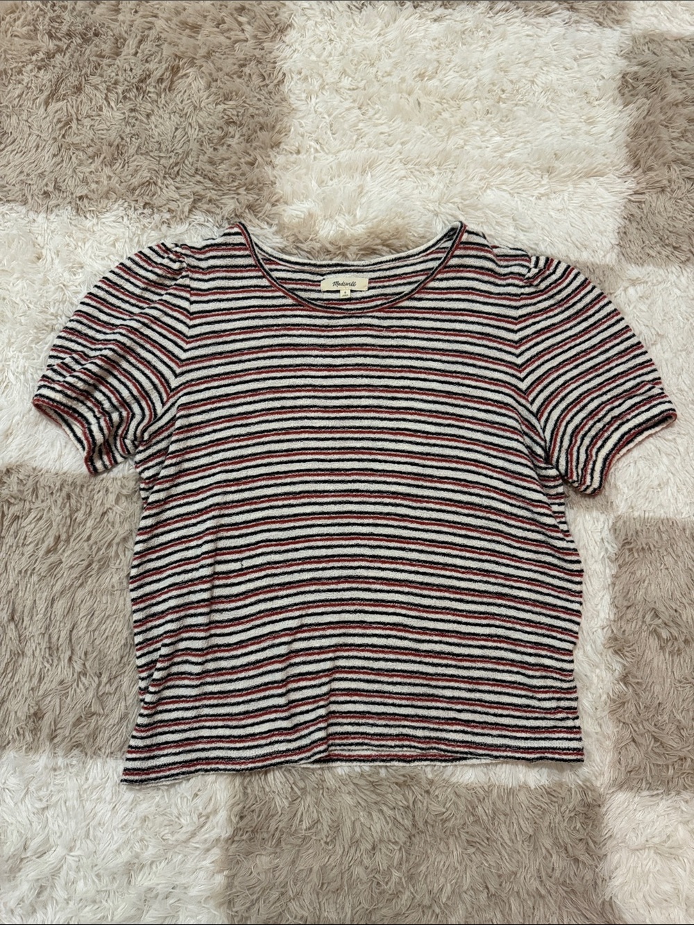 Madewell Striped Short Sleeve Crewneck Top in Black, White & Red